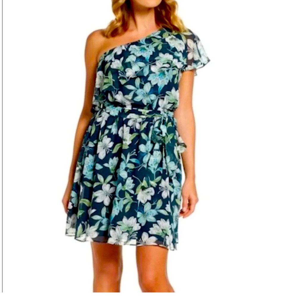 Eliza J Womens A Line Dress Teal White Floral Lined One Shoulder Ruffle Belt 14